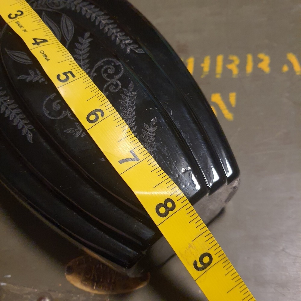 Antique Fostoria Black Ebony Glass Etched Fern Gold Trim Vintage Art Deco Vase - Picture 7 of 12